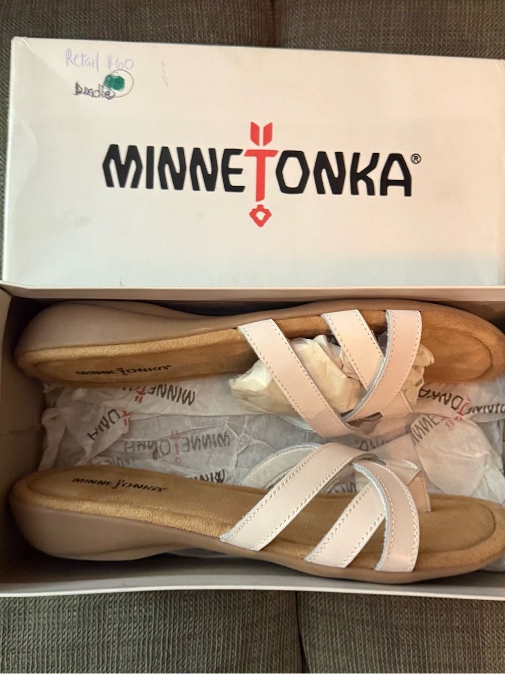 Minnetonka Women’s White Leather Crossover Slide Sandals